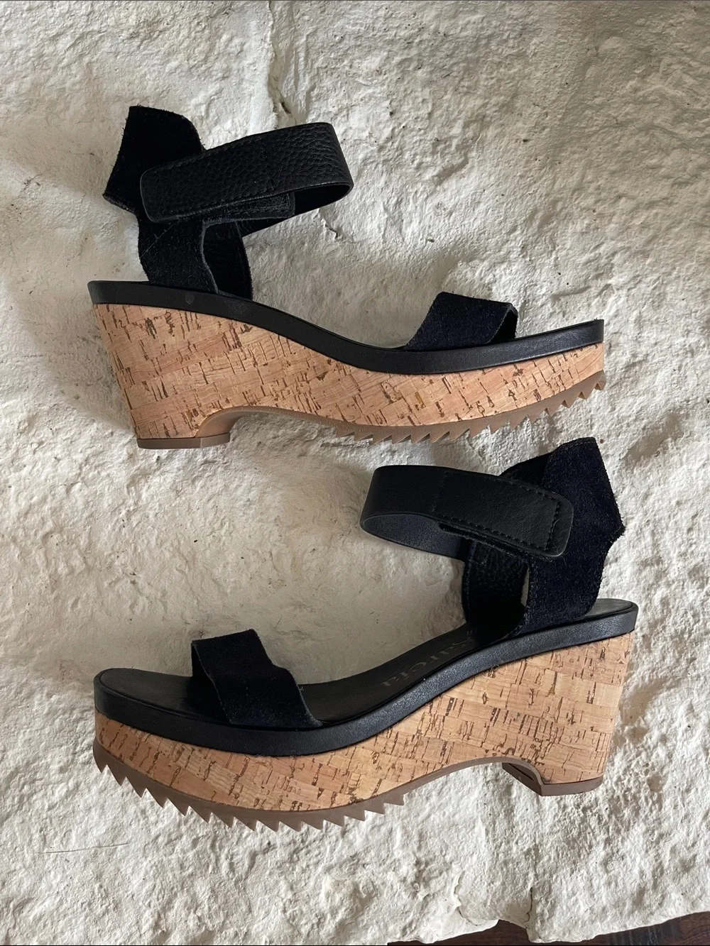 Pedro Garcia Franses Black Suede and Cork Wedge Sandal with Ankle Strap
